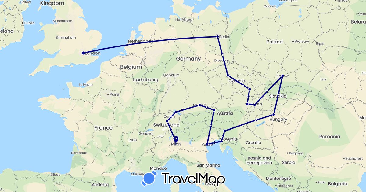 TravelMap itinerary: driving in Austria, Switzerland, Czech Republic, Germany, United Kingdom, Hungary, Italy, Poland, Slovenia, Slovakia (Europe)