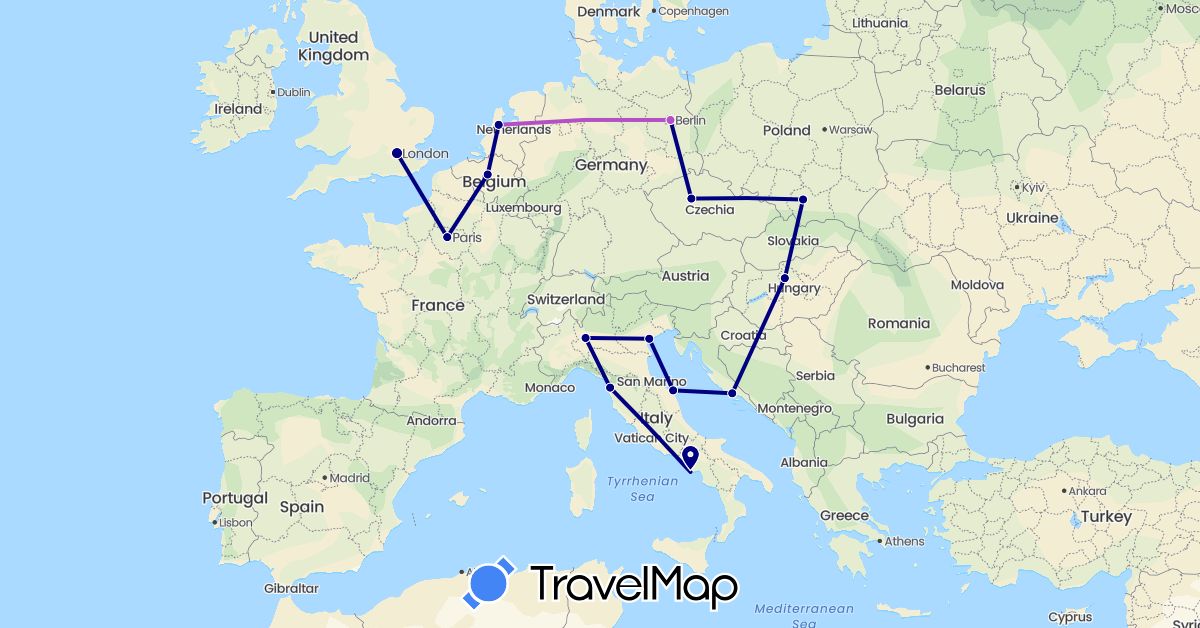 TravelMap itinerary: driving, train in Belgium, Czech Republic, Germany, France, United Kingdom, Croatia, Hungary, Italy, Netherlands, Poland (Europe)