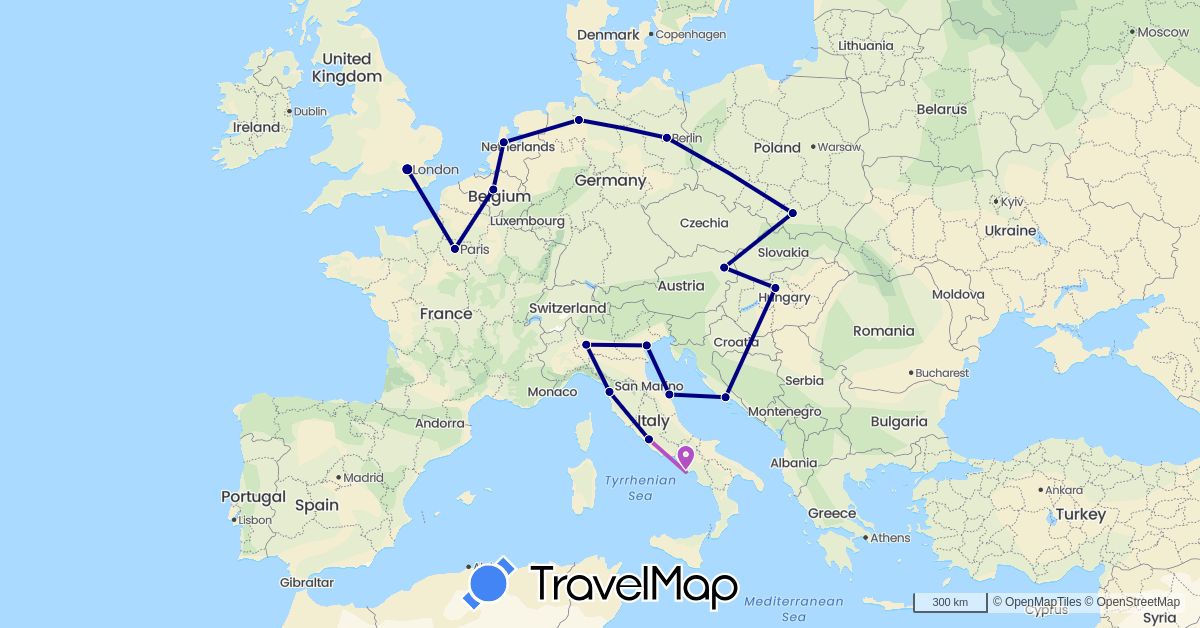 TravelMap itinerary: driving, train in Austria, Belgium, Germany, France, United Kingdom, Croatia, Hungary, Italy, Netherlands, Poland, Vatican City (Europe)