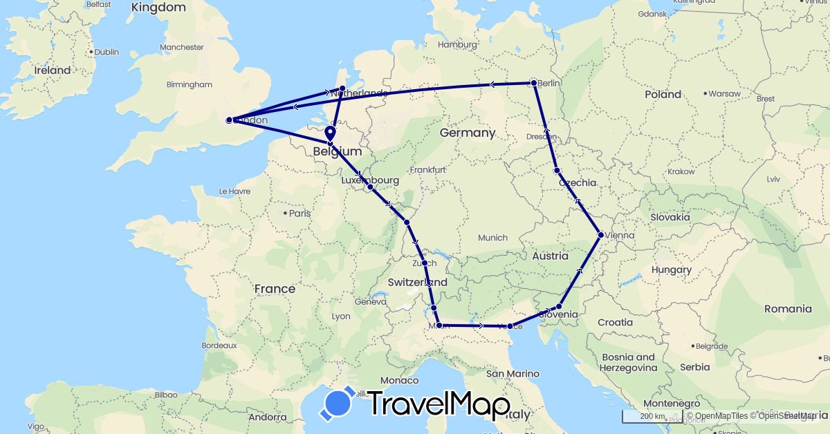 TravelMap itinerary: driving in Austria, Belgium, Switzerland, Czech Republic, Germany, France, United Kingdom, Italy, Luxembourg, Netherlands, Slovenia (Europe)