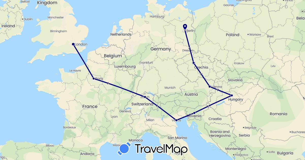 TravelMap itinerary: driving in Austria, Switzerland, Czech Republic, Germany, France, United Kingdom, Hungary, Italy, Slovenia (Europe)
