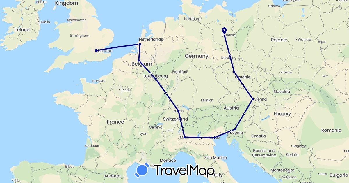 TravelMap itinerary: driving in Austria, Belgium, Switzerland, Czech Republic, Germany, United Kingdom, Italy, Luxembourg, Netherlands, Slovenia (Europe)